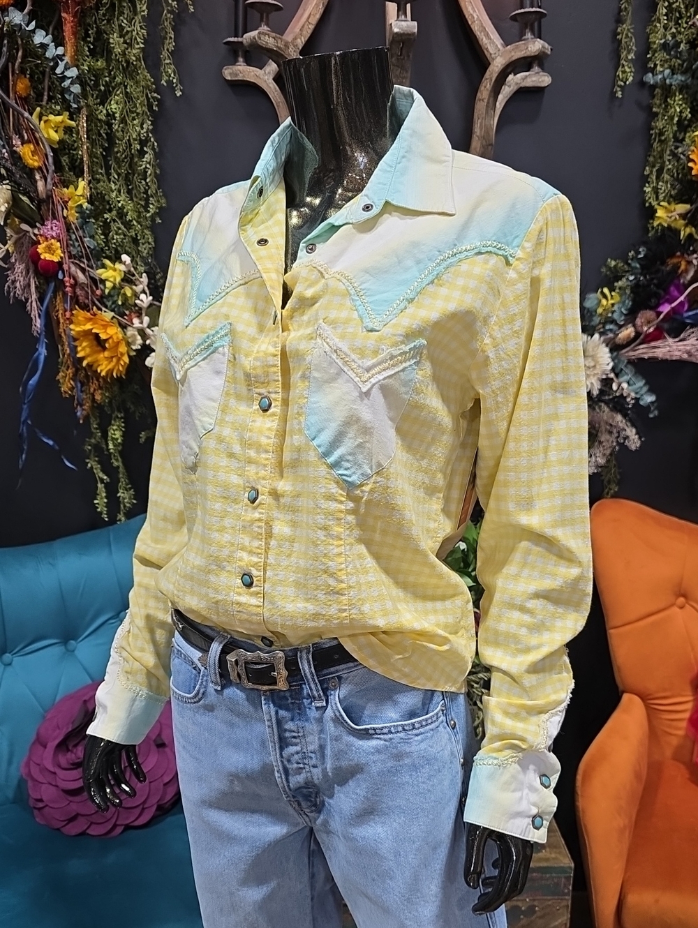 CW Yellow & Light Tutquoise Western-Style Women’s Button-Down Shirt